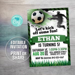 Modelo de convite de aniversário de futebol | Convite para festa de futebol para download digital editável | Cartão de aniversário de futebol para meninos