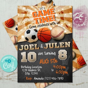 Invitation d'anniversaire sportive, football, basket-ball, baseball Invitation conjointe - Modification facile !