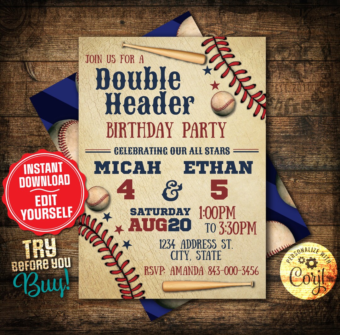 Baseball Birthday Invitation Double Header Editable Digital Invite Easy