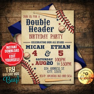 Baseball birthday invitation Double Header editable digital invite- Easy Edit!