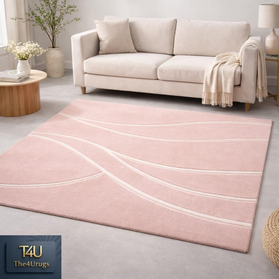 Pull Rug Base Hand-tufted Wool Rug | Blush Pink Base With Carved White Line Detailing ...