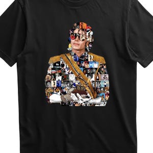 May include: Black t-shirt with a collage portrait of a person wearing sunglasses and a military-style jacket with gold detailing. The portrait is made up of numerous smaller images. The shirt has a crew neck.
