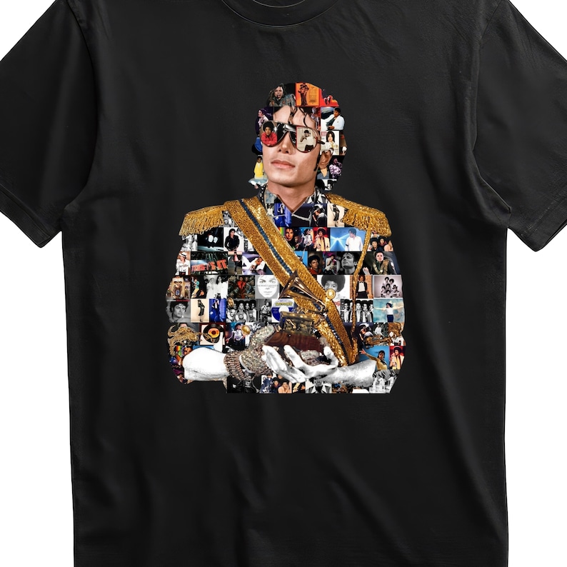 May include: Black t-shirt with a collage portrait of a person wearing sunglasses and a military-style jacket with gold detailing. The portrait is made up of numerous smaller images. The shirt has a crew neck.