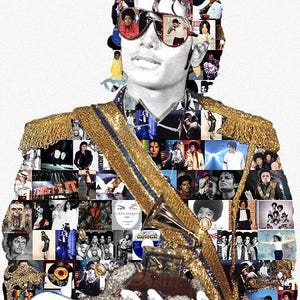 May include: A black and white image of a person wearing sunglasses, a gold and blue shoulder piece, and a collage of images. The collage is in the shape of the person's hair and includes various photos.