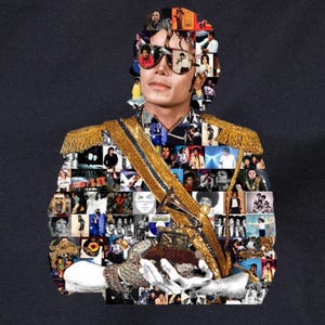 May include: A mosaic portrait of a man in sunglasses, a military jacket with gold epaulettes, and a gold sash. The portrait is made up of many small images, including album covers and photographs. The man is holding a golden gramophone. The background is dark.