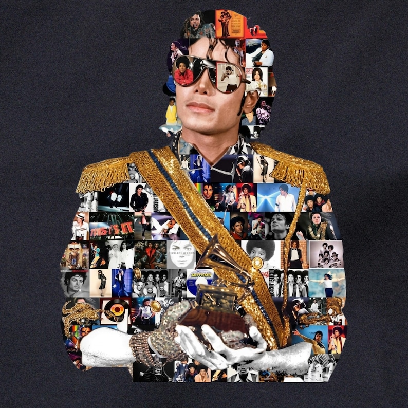 May include: A mosaic portrait of a man in sunglasses, a military jacket with gold epaulettes, and a gold sash. The portrait is made up of many small images, including album covers and photographs. The man is holding a golden gramophone. The background is dark.