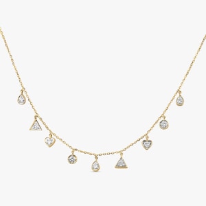 Collar colgante de diamantes de múltiples formas con engaste de bisel, gargantilla con dije de corte mixto, gotas de diamantes flotantes creadas en laboratorio, minimalista y delicado, ideal para combinar con otras prendas.