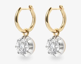 1,80 ct tvåfärgade runda diamantdroppsörhängen i vintagestil med solitärhängen, minimalistiska, avtagbara diamantberlocker och Huggies