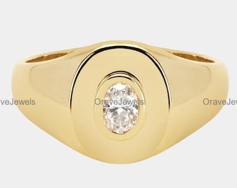 Bezel Set Oval Diamond Signet Ring Minimalist Solitaire Elegant Delicate 14k 18k Real Gold Lab Grown Diamond Modern Statement Unisex Ring