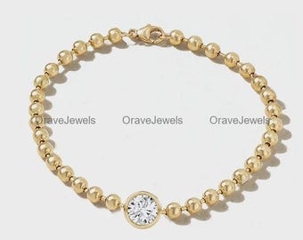 Pulsera de diamantes con engaste de bisel, pulsera apilable de diamantes cultivados en laboratorio, oro macizo de 14k y 18k, pulsera única de cadena con cuentas de bolas para mujer.