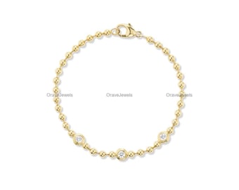 Pulsera con diamantes cultivados en laboratorio engastados en bisel, oro macizo de 14k y 18k, cadena única con cuentas de bolas, pulsera solitaria llamativa, pulsera apilable para aniversario.