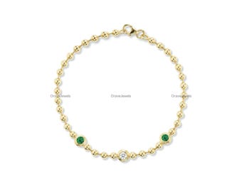 Pulsera apilable de diamantes de oro macizo de 14k y 18k, cadena única de cuentas de bola, pulsera minimalista llamativa de diamantes de laboratorio con engaste de bisel redondo de 10k.
