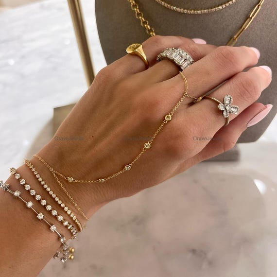 ダイヤモンドハンドチェーンブレスレット 14K 18K リアルゴールド 