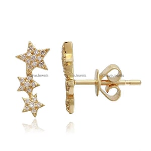 Three Star Diamond Stud Earrings 14K Real Gold Celestial Star Ear Climber Earrings Minimalist Dainty Diamond Stud Birthday Gift for Her