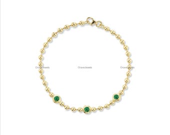 Pulsera con diamantes verdes engastados en bisel, cadena única con cuentas de bolas, oro macizo de 10k, 14k y 18k, llamativa, delicada, minimalista, solitaria, moderna.