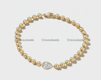 Pulsera de diamantes en forma de pera con engaste de bisel, diamantes cultivados en laboratorio, oro macizo de 14k y 18k, pulsera apilable, cadena única de cuentas de bola, pulsera llamativa de 10k