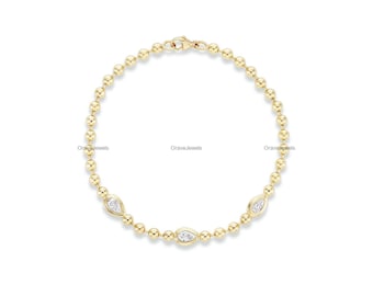 Pulsera única con diamantes cultivados en laboratorio engastados en bisel con corte de pera, pulsera apilable de oro macizo de 14k y 18k, cadena de cuentas de bolas, pulsera solitaria llamativa de 10k