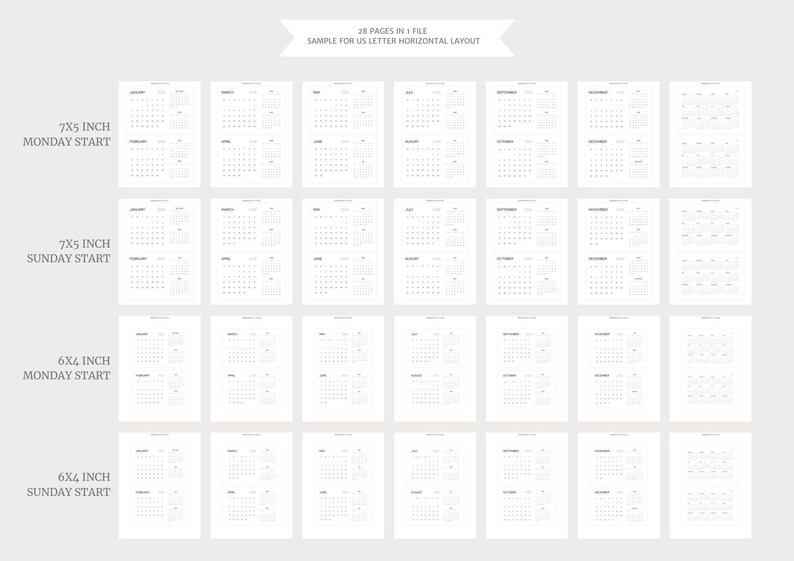 2026 Calendar Mini Horizontal Vertical Layout Two Different Sizes ...