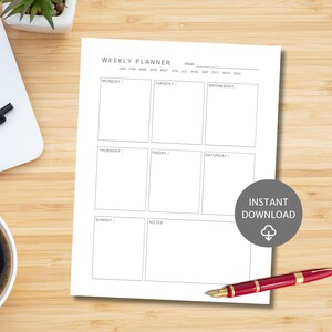 May include: A white weekly planner sheet with black text and grid lines for each day of the week, including a notes section and a header labeled WEEKLY PLANNER. A circular gray badge on the page features the text INSTANT DOWNLOAD with an icon.