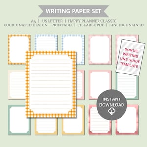May include: A collection of printable writing paper sets in various designs. The image shows lined and unlined paper with decorative borders in orange, blue, pink, and green. Text includes "WRITING PAPER SET" and "INSTANT DOWNLOAD".