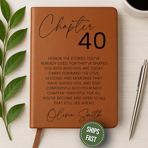 May include: A brown leather journal with the words "Chapter 40" in black script. The journal has inspirational text and the name "Olivia Smith" printed on it. A pen and a cup of coffee are on the right.