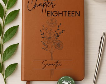 Personalized 18th Birthday Vegan Leather Journal, Birth Flower Notebook
