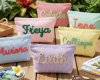 Personalized Seersucker Makeup Bag, Custom Chenille Name Cosmetic Pouch, Preppy Travel Toiletry Beach Bag Gift
