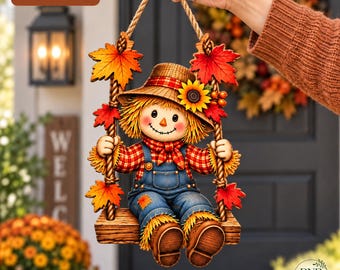 Scarecrow Door Hanger, Fall Front Door Decor, Autumn Scarecrow Swing Sign, Pumpkin Sunflower Harvest Porch Decoration