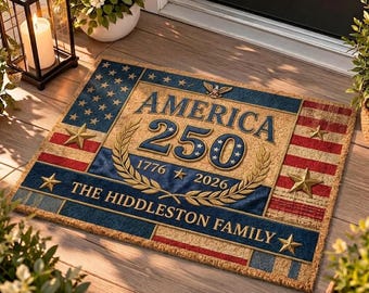 アメリカ建国250周年記念パーソナライズドアマット、愛国的なUSAウェルカムマット（1776-2026）、カスタムファミリー玄関ドア装飾