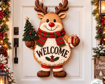 Custom Reindeer Christmas Door Hanger, Personalized Family Name Welcome Sign, Cute Rudolph Front Door Decor, Holiday Porch Gift