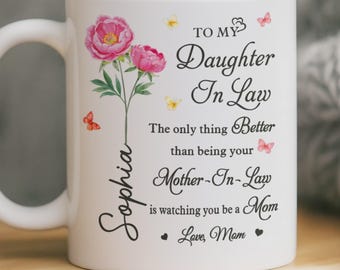 Personalized Daughter In Law Mug, Custom Mother's Day Gift for Daughter Granddaughter, Blooming Into A Beautiful Mom Mug