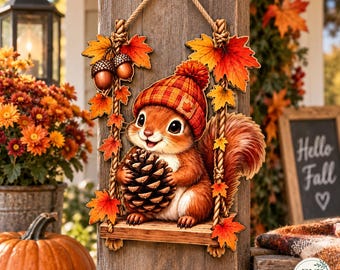 Fall Squirrel Door Hanger, Cute Autumn Squirrel Swing Sign, Acorn Maple Leaf Front Door Decor, Woodland Thanksgiving Porch Gift