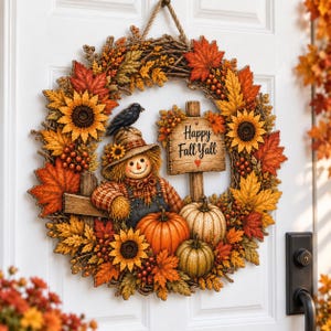 Pode incluir: Uma guirlanda decorativa de outono com um espantalho, abóboras, girassóis e folhagens. Uma placa de madeira traz o texto Happy Fall Y'ALL e um pequeno coração vermelho. Um corvo preto está pousado no chapéu do espantalho em uma base de galhos.