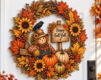 Happy Fall Y'all Scarecrow Wreath, Fall Front Door Decor, Pumpkin Sunflower Wreath, Rustic Autumn Door Hanger, Harvest Decor