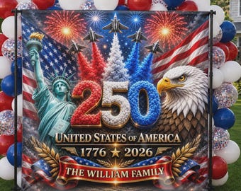 アメリカ建国250周年記念背景幕、カスタムUSA 1776-2026パーティーバナー、愛国的な独立記念日フォトブース背景