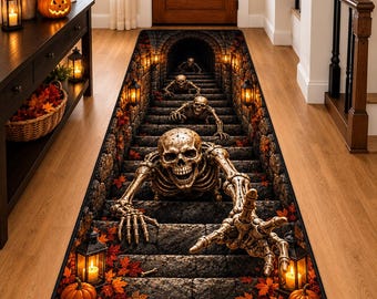 Halloween Skeleton Runner Rug, 3D Optical Illusion Stairway Carpet, Spooky Hallway Kitchen Floor Decor, Horror Lover Gift