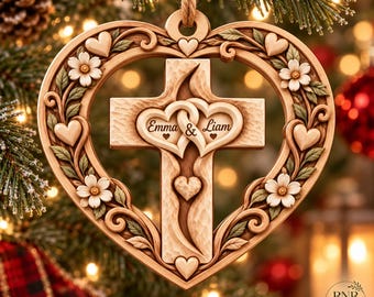 Personalized Christian Couple Ornament, Custom Names Cross Heart Christmas Keepsake, Wedding Engagement Gift, First Christmas Together