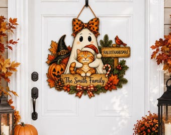 Placa de porta personalizada para o Dia das Bruxas, Ação de Graças e Natal, com nome da família e gato fantasma. Decoração para porta de entrada.