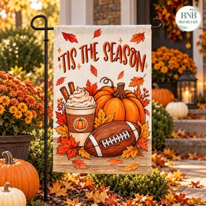 Fall Tis The Season Garden Flag, Football Pumpkin Spice Coffee Yard Decor, Autumn Game Day Flag, Thanksgiving Porch Outdoor Decoration