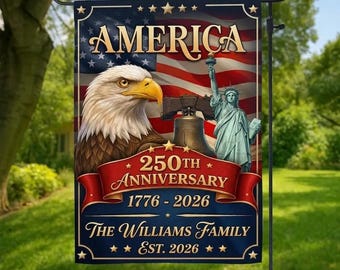 Bandiera da giardino personalizzata per il 250° anniversario dell'America, aquila patriottica USA 1776-2026, decorazione per il giardino, bandiera personalizzata con nome di famiglia per il 4 luglio
