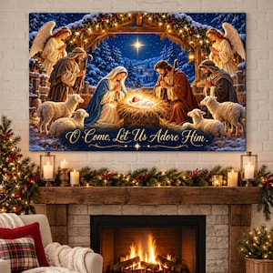 May include: A rectangular wall art print depicting a nativity scene with Mary, Joseph, and the infant Jesus in a manger, surrounded by sheep and angels under a starry night sky. The text O Come, Let Us Adore Him is written in gold script.