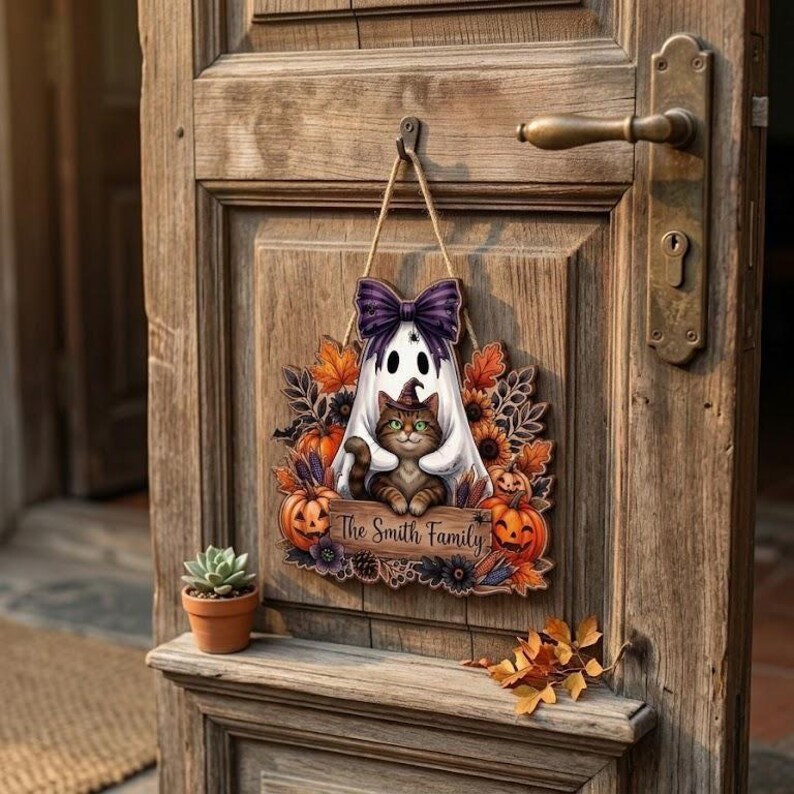 Personalized Halloween Cat Ghost Door Hanger, Custom Family Name Sign ...