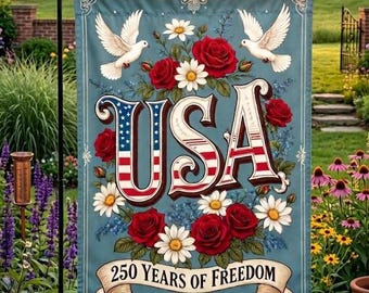Bandiera patriottica da giardino degli Stati Uniti, stendardo per il 250° anniversario dell'America, bandiera vintage floreale degli Stati Uniti, decorazione da giardino per 250 anni di libertà