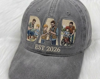 Custom Dad Hat with Kids Portrait, Personalized Embroidered Father Cap, Daddy Gift, New Dad Hat, Father’s Day Gift