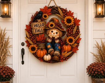 Dörrhängare med fågelskrämma och höstmotiv, träskylt för höstdörr, dekoration med solros och pumpa till ytterdörren, dekoration med höstdekoration för verandan, skylt med Thanksgiving-motiv