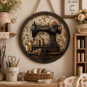 May include: A circular wall hanging featuring a vintage-style black sewing machine with the name Sophia printed on it. The machine is set against a floral patterned background within a dark ornate frame, decorated with small fabric roses.