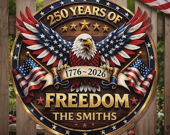アメリカ建国250周年記念木製サイン（1776-2026）、愛国的な鷲のドア装飾、家族名入りカスタムリース、自由のアメリカンギフト