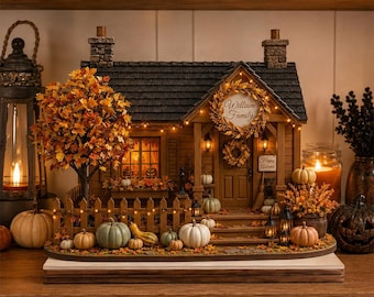 Puede incluir: Una casa en miniatura con techo de tejas oscuras, un porche con una corona que dice William Family y un letrero que dice Happy Autumn. La escena incluye un árbol con hojas naranjas, calabazas y luces decorativas.
