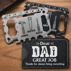 Carta multiuso personalizzata per papà, portafoglio con incisione e attrezzo da regalo, attrezzo EDC personalizzato con custodia in pelle, regalo per la festa del papà