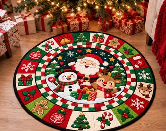 Christmas Round Rug, Santa Snowman Reindeer Holiday Floor Mat, Foldable Christmas Area Rug, Festive Winter Home Decor